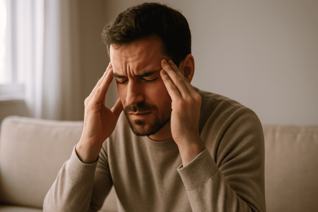 A light-skinned man in his thirties sits on a beige couch with his hands pressed to his temples, showing signs of a headache in soft morning light