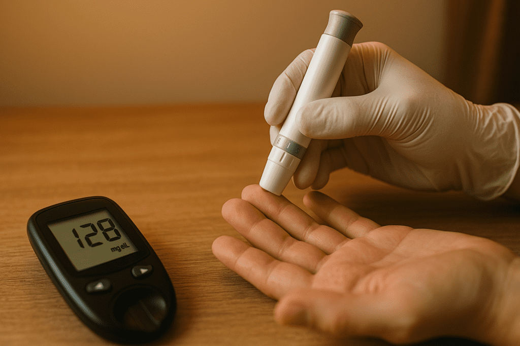 A gloved hand uses a lancet on a fingertip while a digital glucometer displays a reading of 128 mg/dL on a wooden table