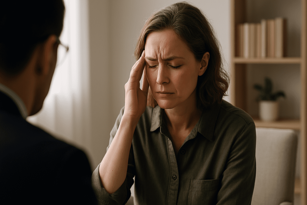 A woman in her late thirties holds her head during a therapy session, eyes closed in pain, with a therapist listening in the foreground