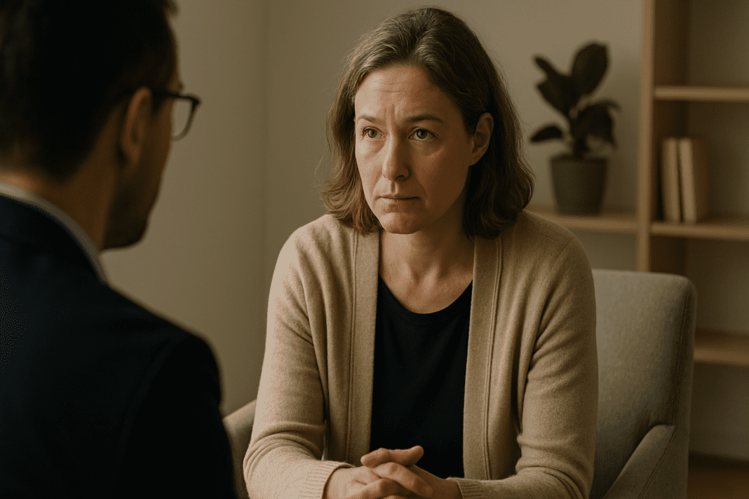 A middle-aged woman with light brown hair listens attentively in a therapy session, seated in a clean, softly lit room