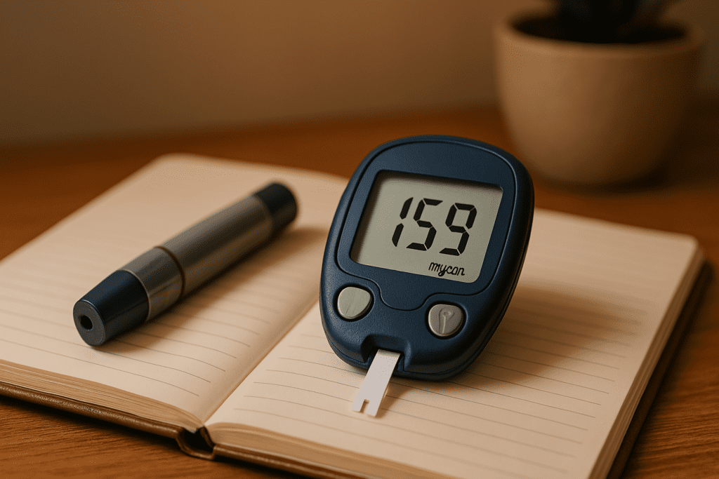 A navy blue glucometer showing a 159 blood sugar level rests on an open journal beside a lancet, illuminated by warm ambient lighting in a clean, minimalist space.
Close-up of a glucometer reading 159 mg/dL, symbolizing moderate post-meal blood sugar levels in a calming home setting