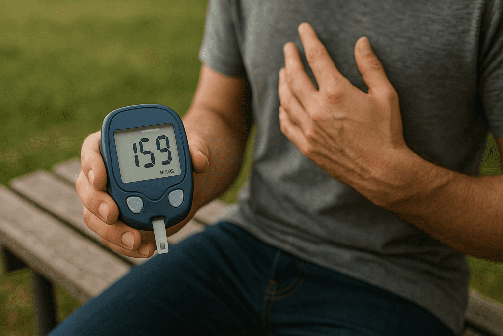 A person seated on a wooden park bench holds a glucometer showing a 159 blood sugar reading, with their other hand on their chest, surrounded by soft natural outdoor light.
Individual monitoring a 159 blood sugar level outdoors, visually representing awareness of blood sugar spikes after eating
