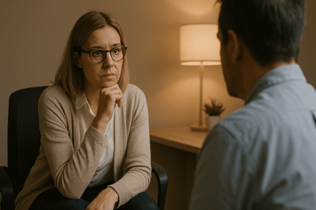 A female healthcare professional attentively listens to a patient in a softly lit office, her body language expressing empathy and clinical concern during a consultation. Therapist in warm ambient lighting engages with a patient, reflecting emotional support in the context of blood sugar or insulin-related health discussions