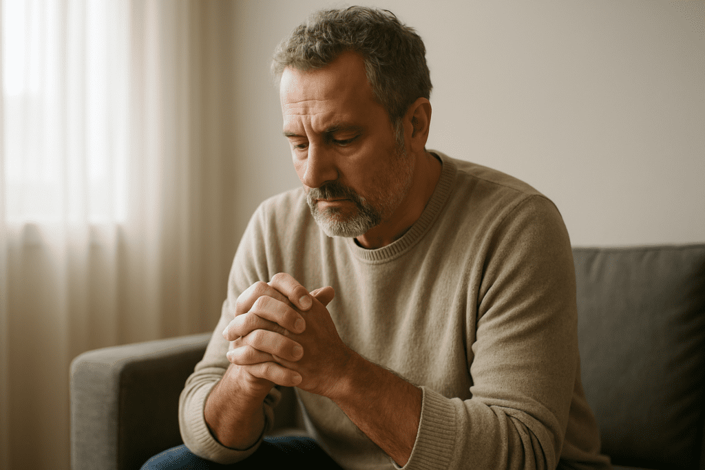 A middle-aged man with a contemplative expression sits on a gray couch in soft morning light, symbolizing emotional awareness and internal reflection