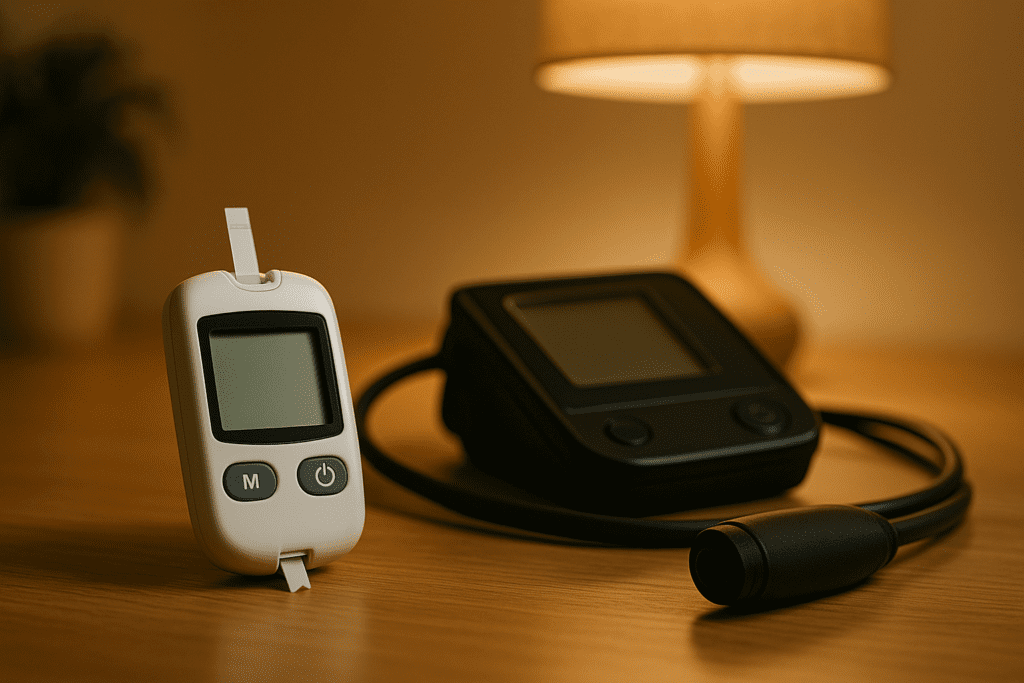 A white glucose meter and black blood pressure monitor rest on a wooden table under warm lamplight, highlighting tools for monitoring chronic health conditions