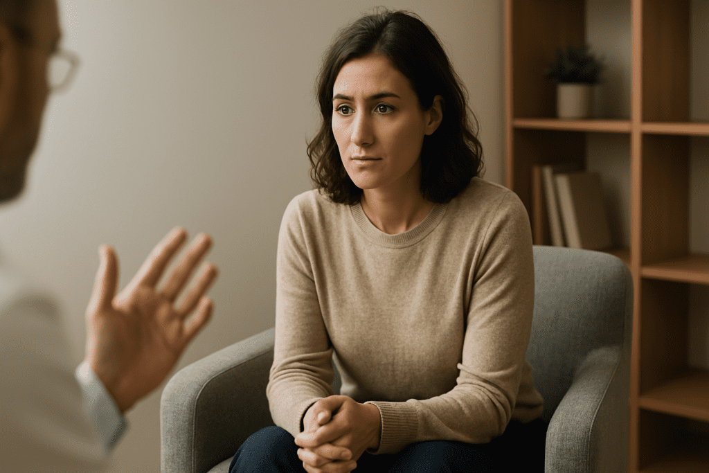A woman in a beige sweater listens attentively during a therapy session in a clean, minimalist office, evoking themes of emotional support and clinical care