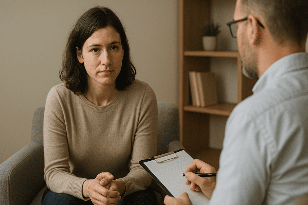 A woman engages in a therapy session, seated across from a male therapist holding a clipboard, in a softly lit, calming environment