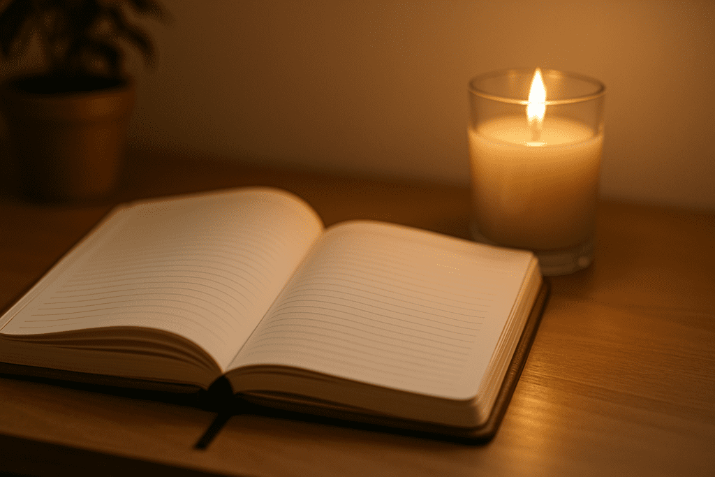 An open journal lies on a wooden desk beside a softly glowing candle, creating a serene, reflective atmosphere