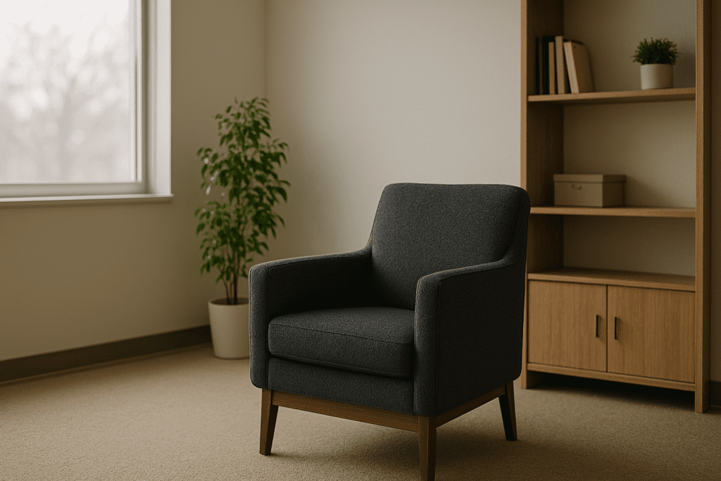 A modern therapy room with a dark gray chair, potted plant, and wooden bookshelf, filled with soft natural light