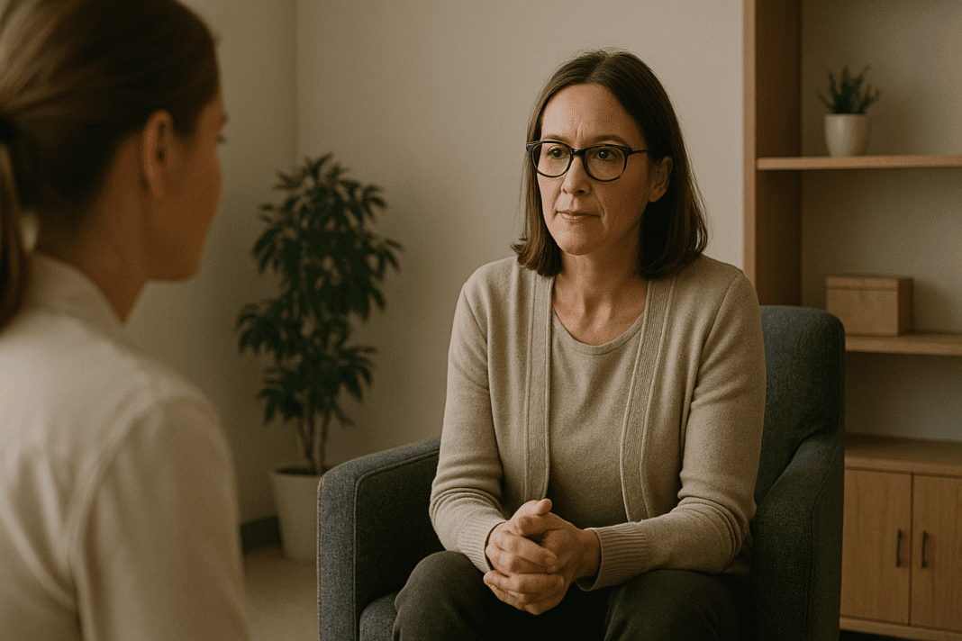 A middle-aged female therapist attentively listens to a young woman during a quiet therapy session in a clean, modern office