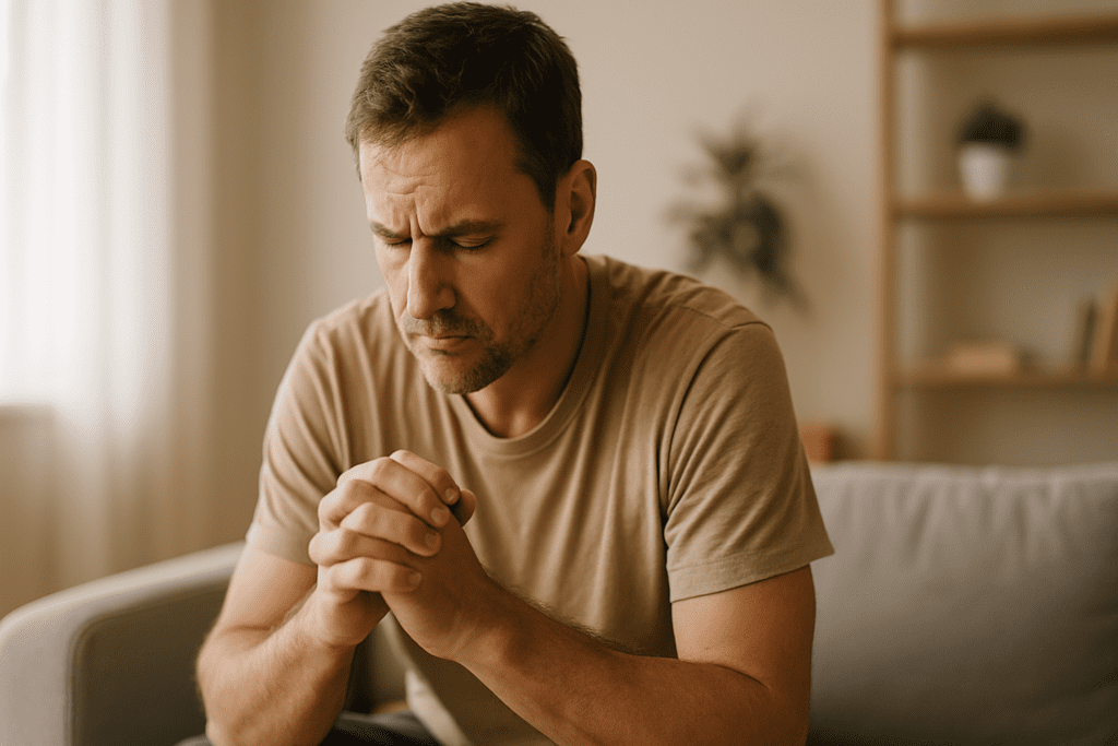 Middle-aged man sitting on a beige sofa in quiet reflection, hands clasped, in a sunlit minimalist living room