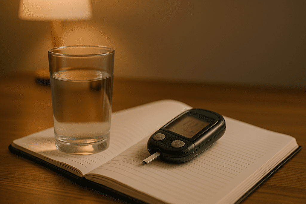Blood glucose meter and glass of water on a clean white table, with soft natural light emphasizing hydration and monitoring