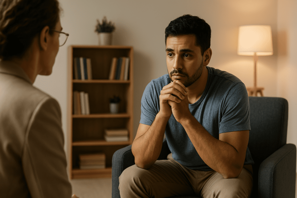 Man sits across from therapist in calm, warmly lit office space with bookshelves and gentle ambient light