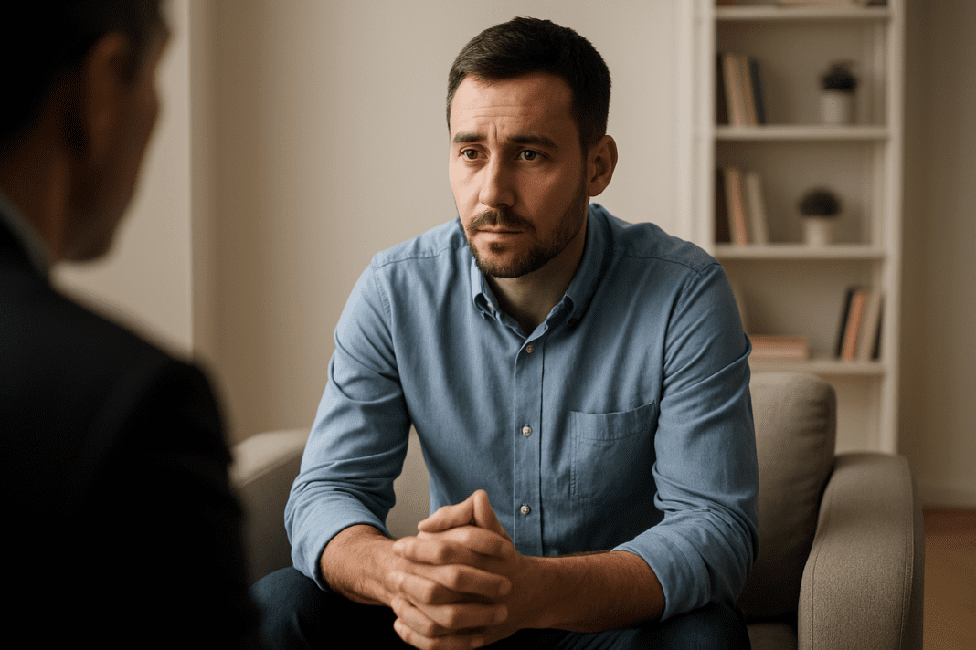 Young man in therapy session, hands clasped, listening attentively in a clean, softly lit counseling room