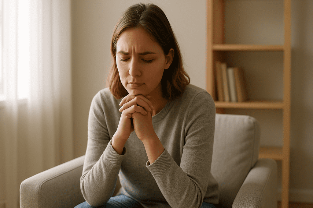 A young woman sits in a beige armchair with her hands clasped under her chin, appearing deep in thought, lit by soft morning light near a bookshelf