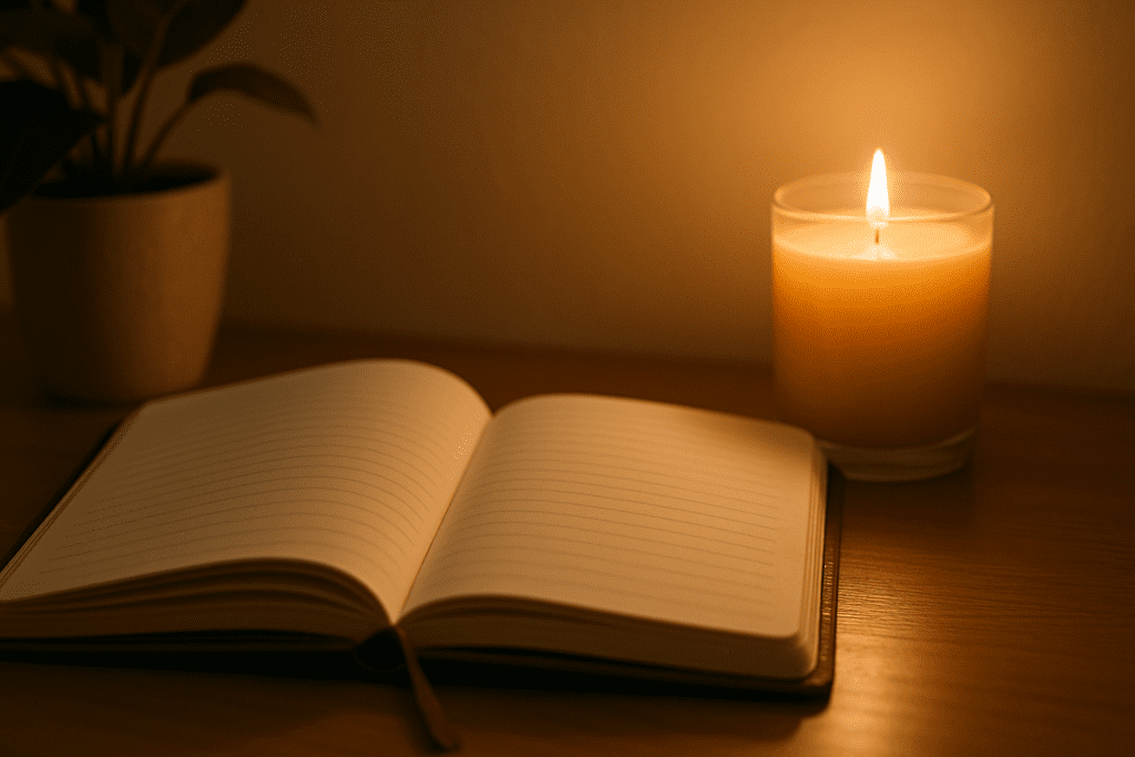 An open lined notebook rests on a wooden desk beside a glowing candle and small potted plant, with warm ambient lighting