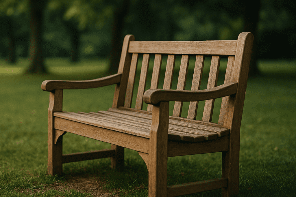 A close-up of a weathered wooden park bench on green grass with soft-focus trees in the background, lit by daylight
