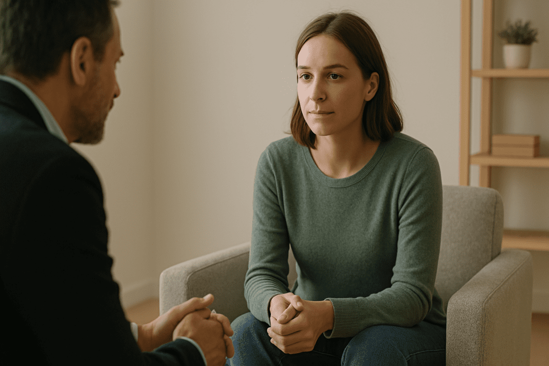 A young woman in a green sweater sits attentively across from a male therapist during a counseling session in a softly lit, minimalist room