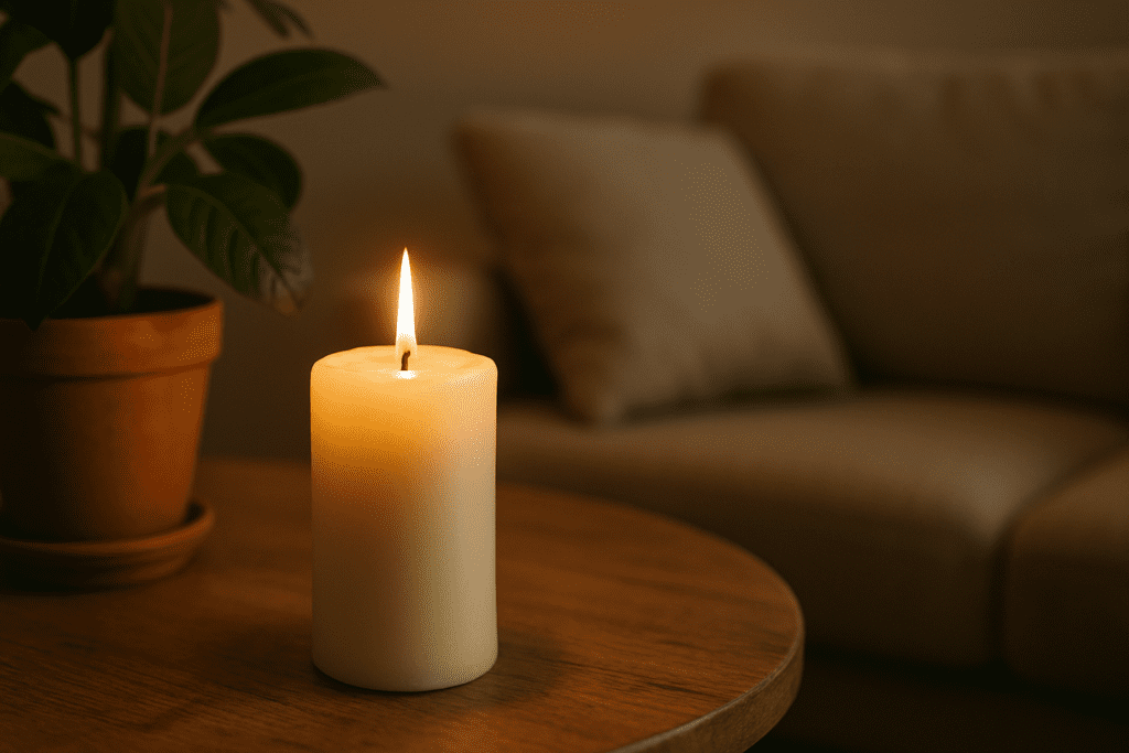 A lit ivory candle on a wooden table glows warmly beside a green potted plant, with a blurred beige couch in the background