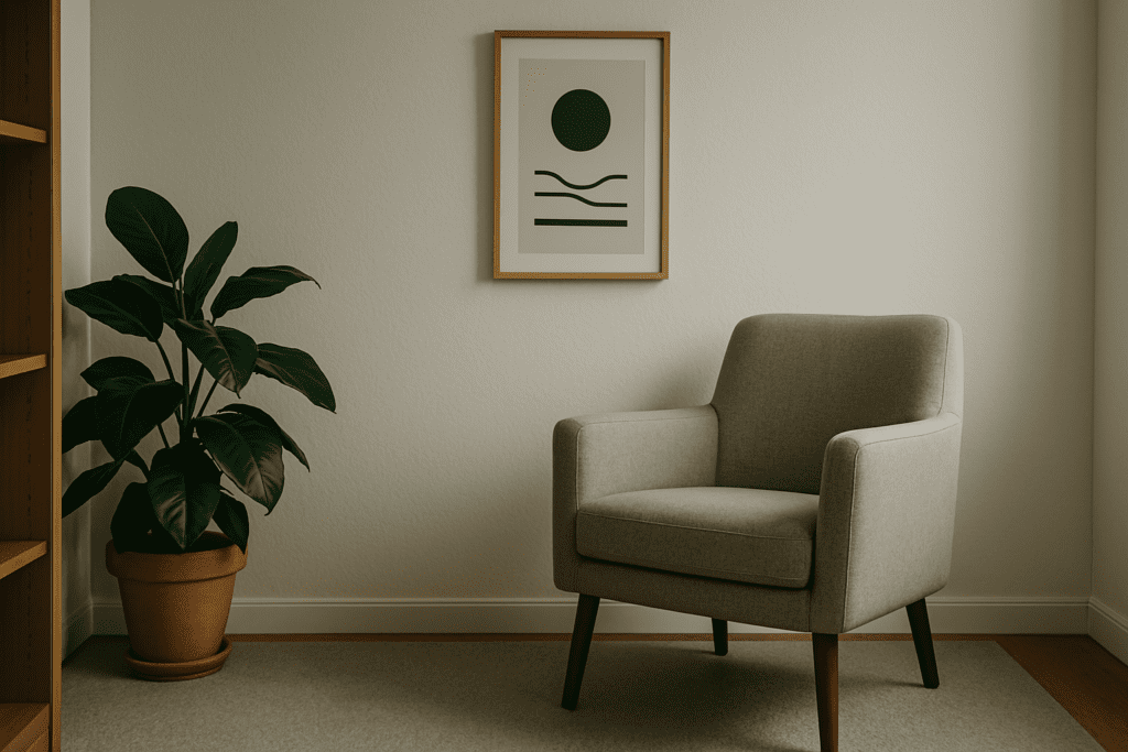 Therapy room corner featuring a gray armchair, a framed abstract print, and a large leafy plant against a neutral wall