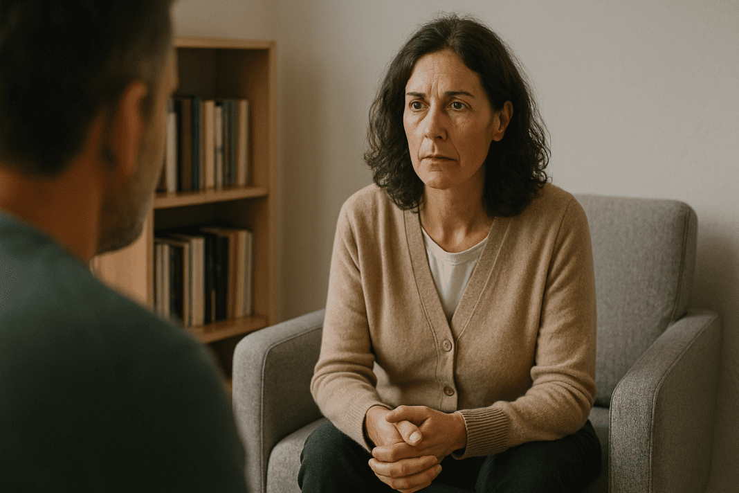 Middle-aged woman seated in a therapist's chair listens intently, hands clasped, with a blurry male figure in the foreground