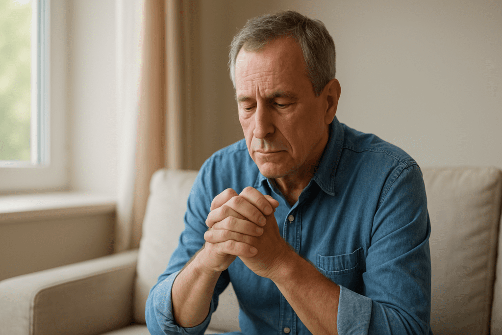 A middle-aged man sits on a beige couch near a sunlit window, his hands clasped and expression thoughtful, suggesting emotional distress or contemplation