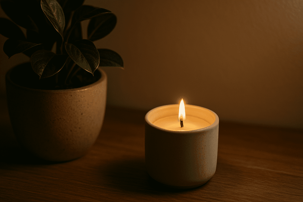 A lit tea light candle in a white ceramic holder glows beside a potted plant on a wooden surface, creating a warm, calming indoor ambiance