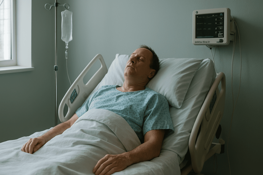 A man in a hospital gown lies unconscious in a modern hospital room, connected to an IV drip and monitor, under soft daylight