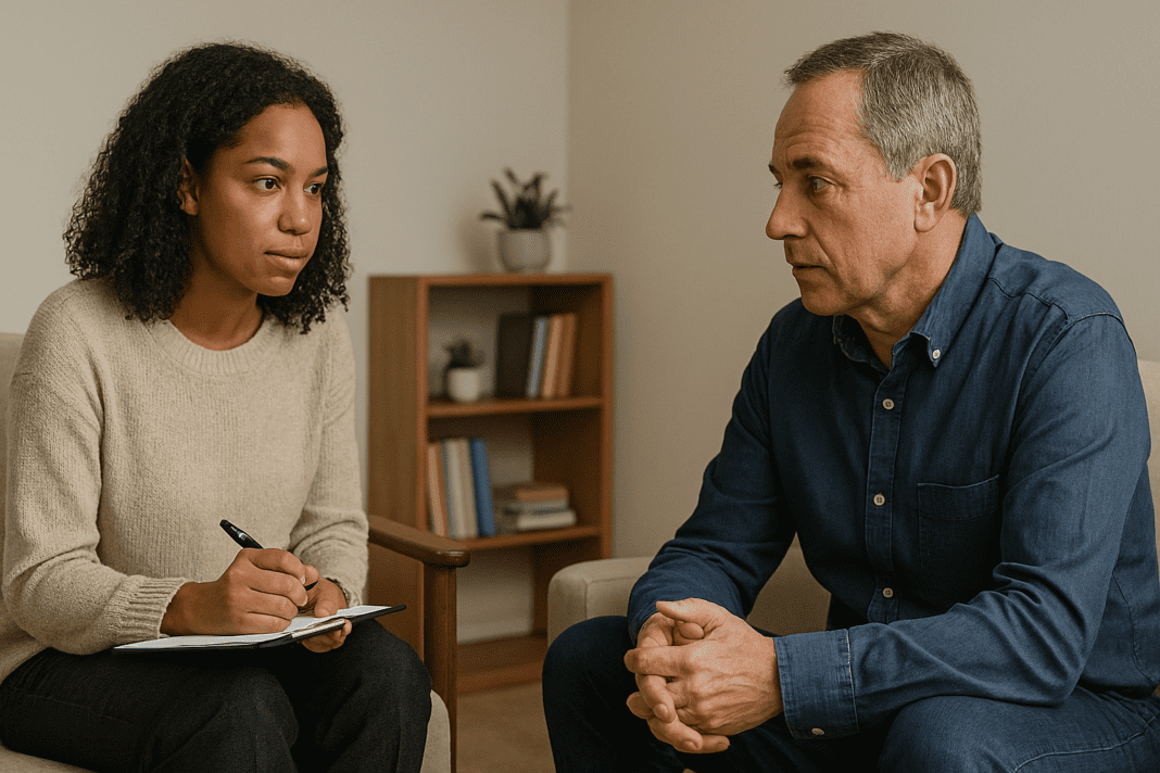 A female therapist attentively listens to a male patient during a counseling session in a simple, well-lit therapy room