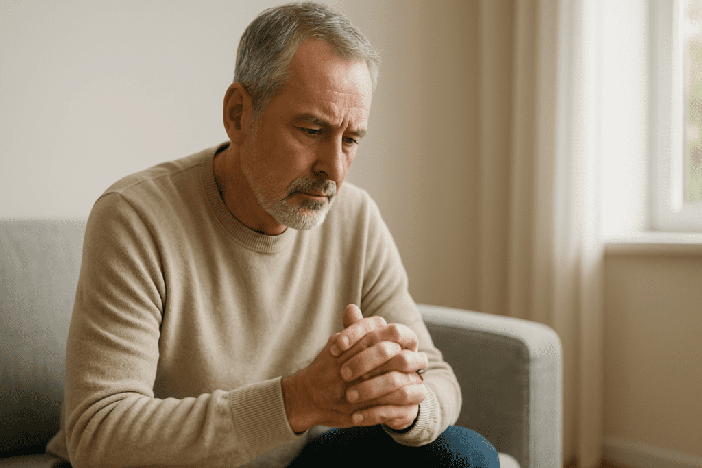 A contemplative older man with light skin sits alone on a gray couch, hands clasped, bathed in soft morning light from a nearby window