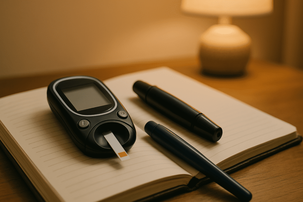 Blood glucose meter and lancing device resting on an open journal under warm ambient lamplight in a clean, calm space