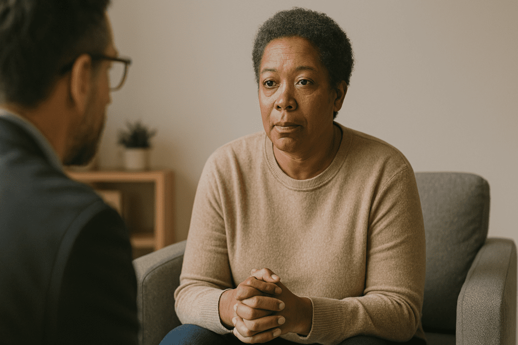 Middle-aged African American woman sitting in a therapy session, clasping hands and making eye contact with the therapist