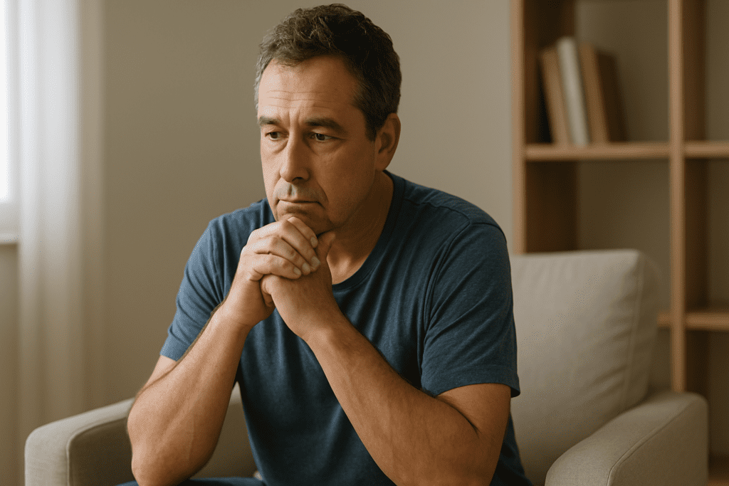 A middle-aged man sits in a beige armchair, hands clasped in thought, surrounded by soft natural light and neutral decor