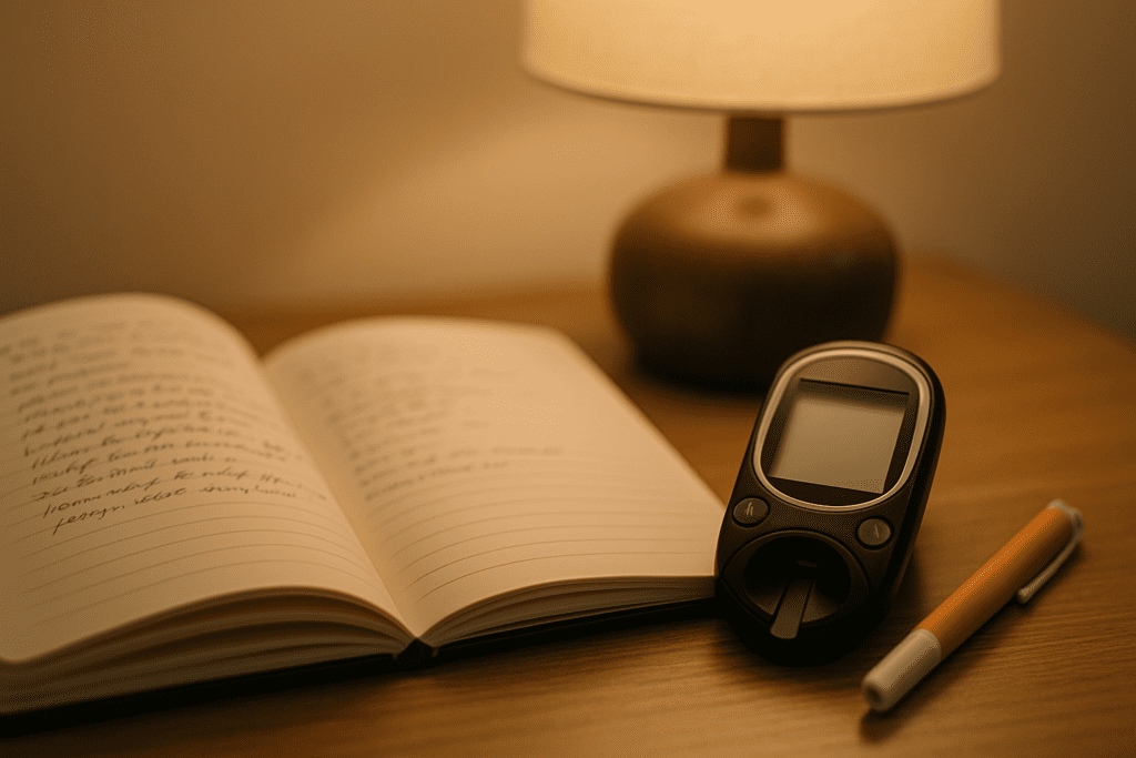 An open notebook with handwritten notes, a glucose meter, and an orange pen rest on a wooden table lit by a warm table lamp
