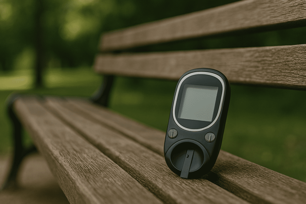 A black glucose meter sits on a weathered wooden park bench under soft daylight, with blurred green trees in the background