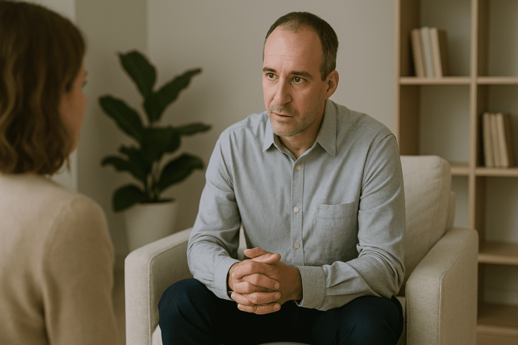 A therapist attentively listens during a counseling session in a minimalist office, featuring soft lighting, a potted plant, and neutral-toned decor