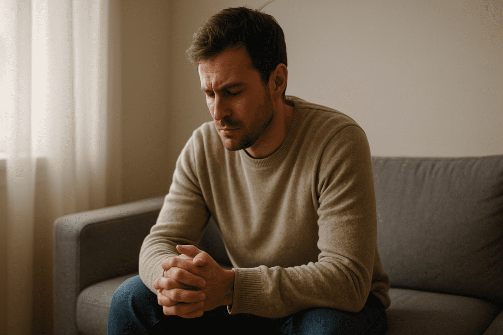 A man in his early 30s sits alone on a sofa, clasping his hands and looking down in quiet reflection, symbolizing emotional imbalance linked to blood sugar fluctuations