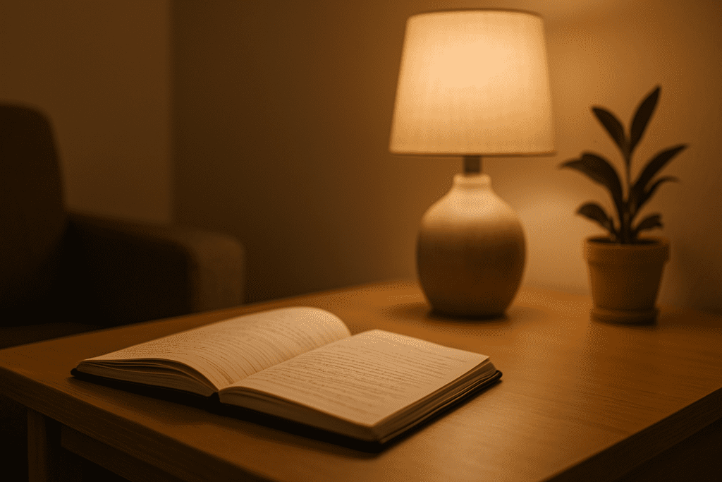 An open journal rests on a wooden table beside a glowing lamp and potted plant, representing personal reflection and mood tracking in diabetes care