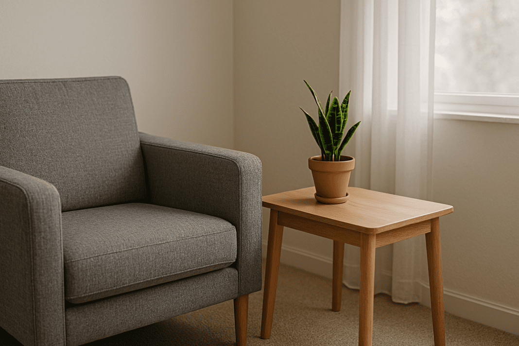 A simple therapy room corner with a gray chair and potted plant beside a window, offering a serene environment for addressing mood instability caused by blood sugar