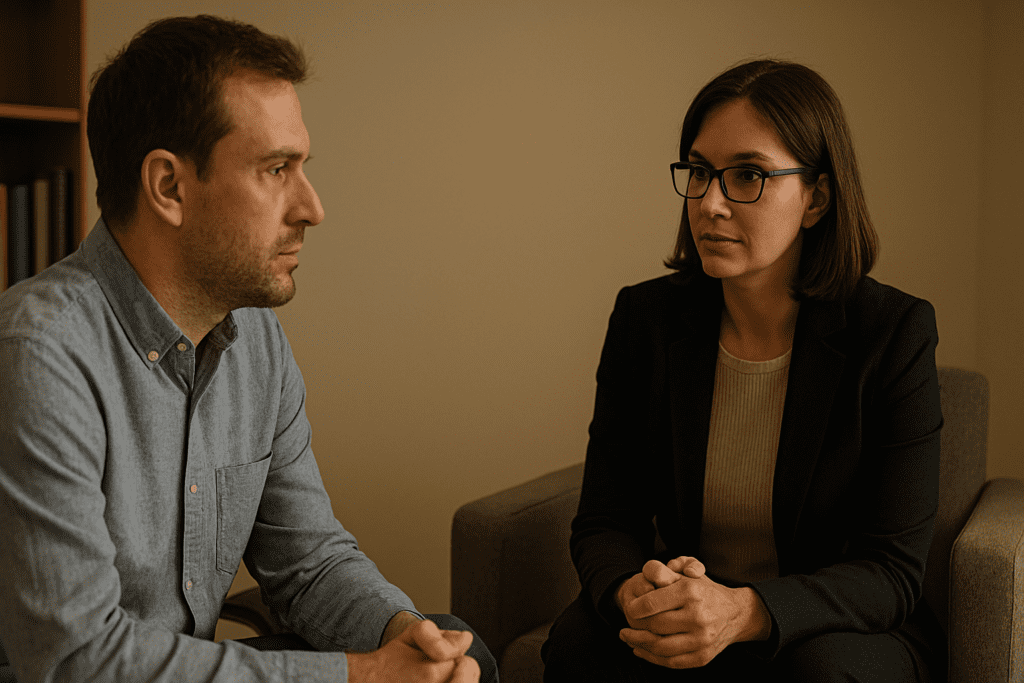 A man and a therapist engage in focused conversation inside a warm, quiet office, highlighting the importance of psychological support for mood changes due to diabetes