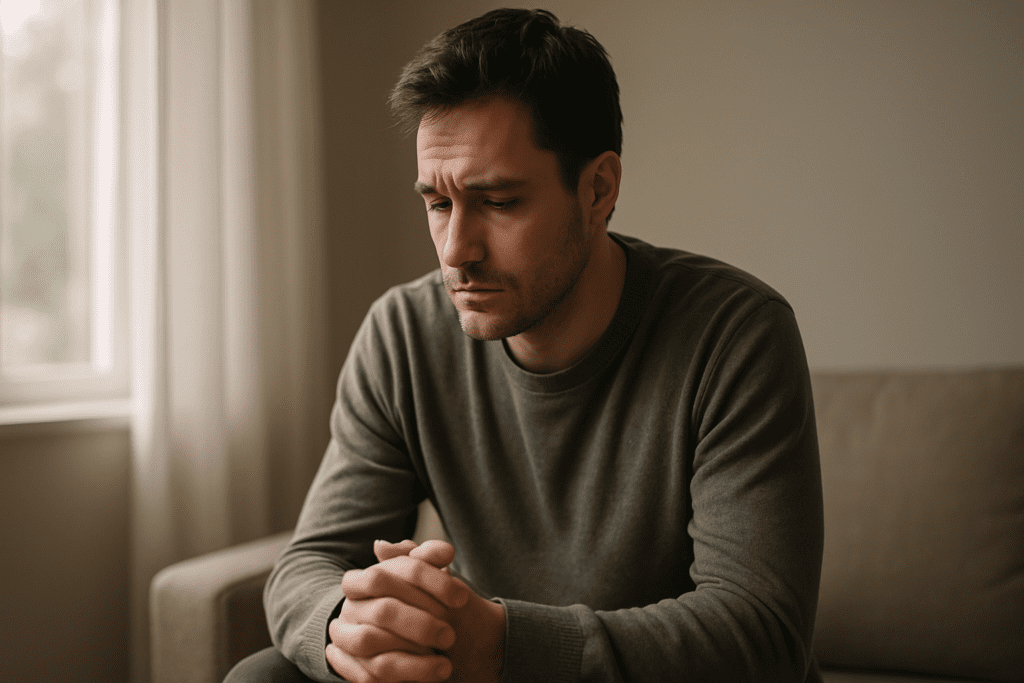 A young man sits in quiet reflection on a sofa near a window, his hands clasped and expression somber, with soft morning light casting gentle shadows across the neutral-toned room