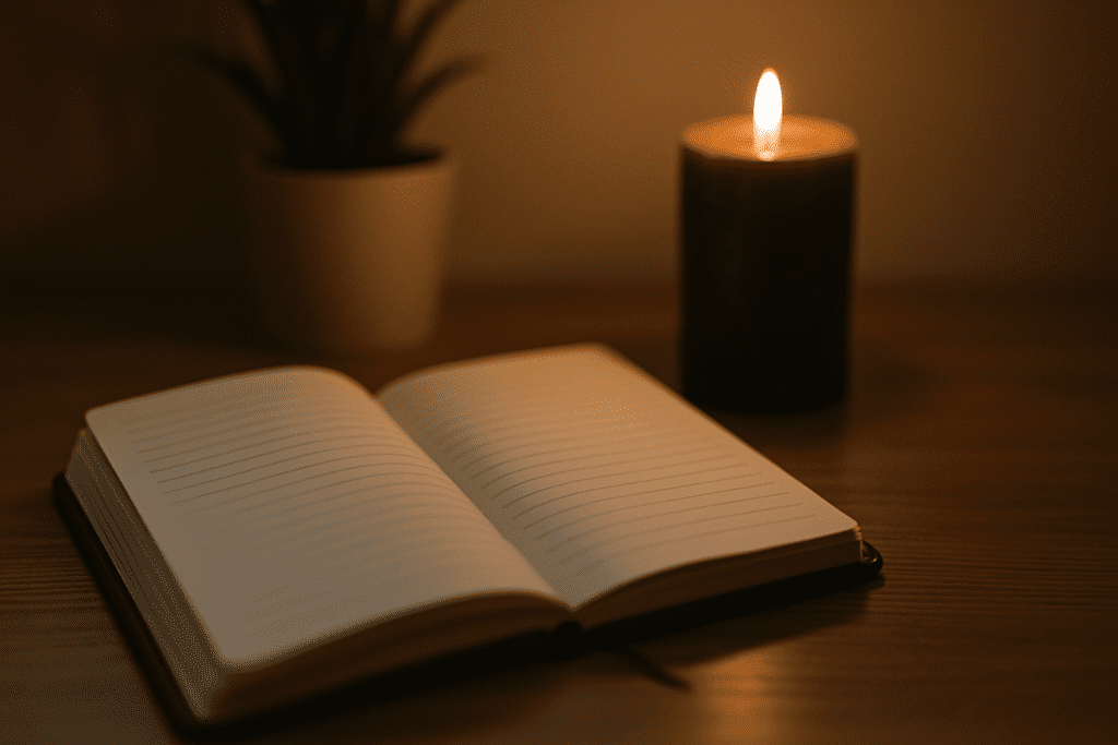 An open journal lies on a wooden table beside a softly glowing candle and potted plant, with warm ambient lighting creating a peaceful, focused atmosphere