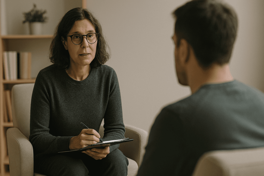 A female therapist listens attentively to a male client in a minimalist therapy room, her notepad in hand and warm expression focused on the session