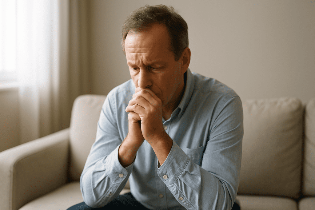 A middle-aged man sits on a beige couch in a softly lit room, clasping his hands near his mouth with a pensive expression, symbolizing emotional awareness and early recognition of HHS symptoms