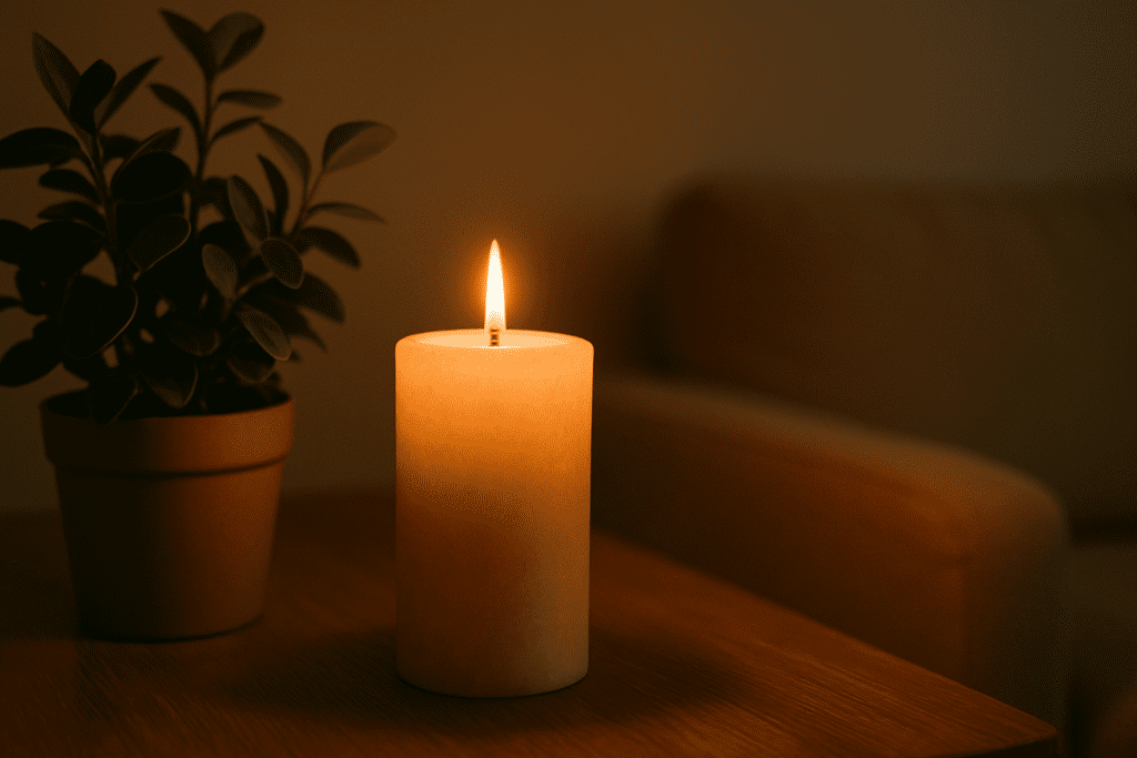 A lit pillar candle next to a potted plant on a wooden table in a dimly lit room, evoking serenity and self-care during recovery from hyperosmolar hyperglycemic state