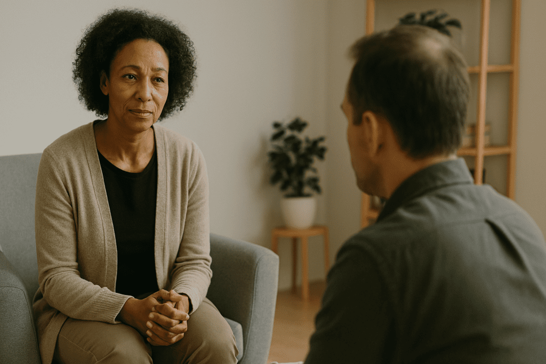 A female therapist listens attentively to a male client in a clean, softly lit therapy office — representing professional support during emotional or physiological crises like HHS