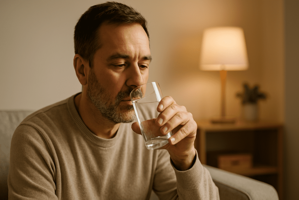 Middle-aged man in a beige sweater thoughtfully drinks a glass of water in a softly lit living room