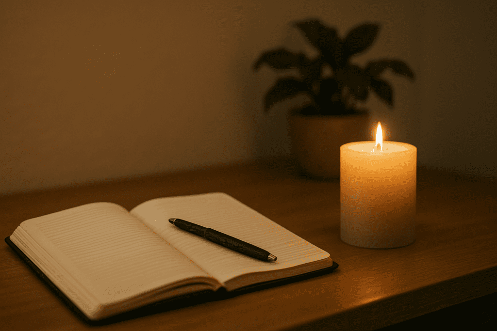 Open journal with pen placed on a wooden desk, lit by a candle with a small potted plant in the background