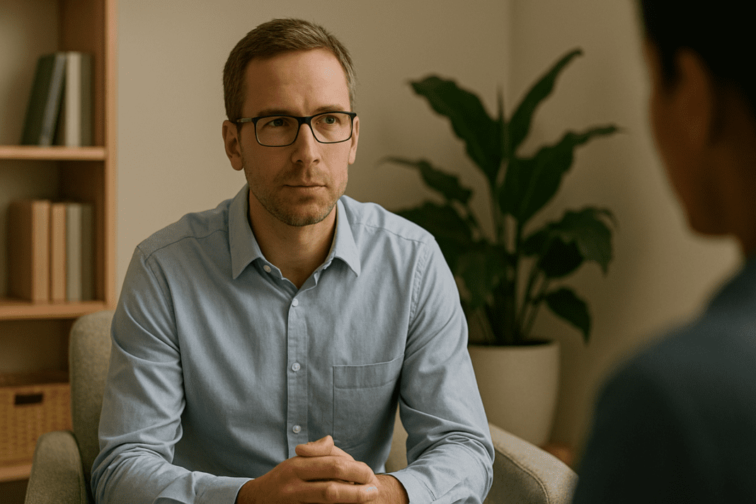 Male therapist in a blue shirt listens attentively to a client in a calming, plant-filled therapy office