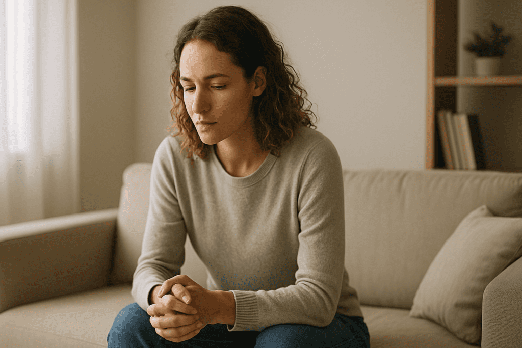 A young woman with curly light brown hair sits pensively on a beige sofa in a sunlit, minimalist living room with neutral walls and soft shadows